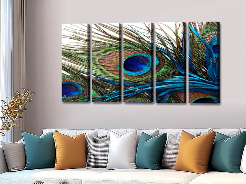 CANVASZON Wall Art for Living Room Bedroom Decoration Peacock Painting Canvas Print Framed Art Animal Feather Plume Modern Art for Office Wall DÃ©cor Teal Blue Green 5 Panels Large Size - Image 1